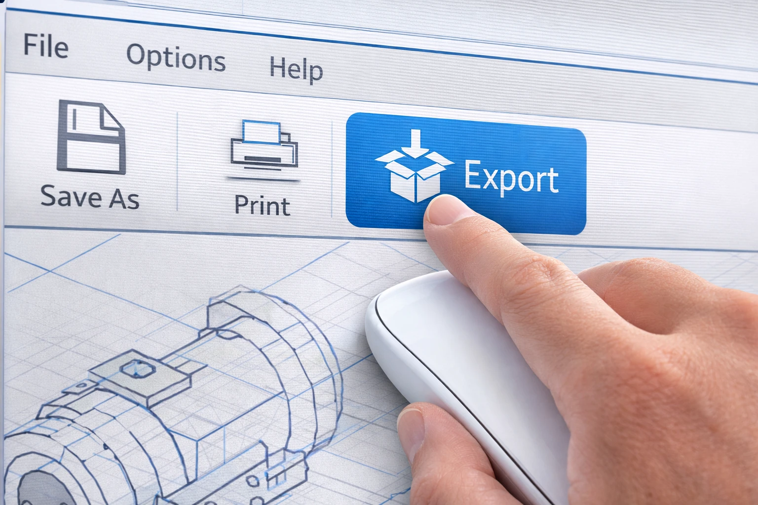 CAD yazılımında “Export” (dışa aktarma) butonuna tıklanırken; DWG, DXF, PDF gibi formatlara aktarma işlemi